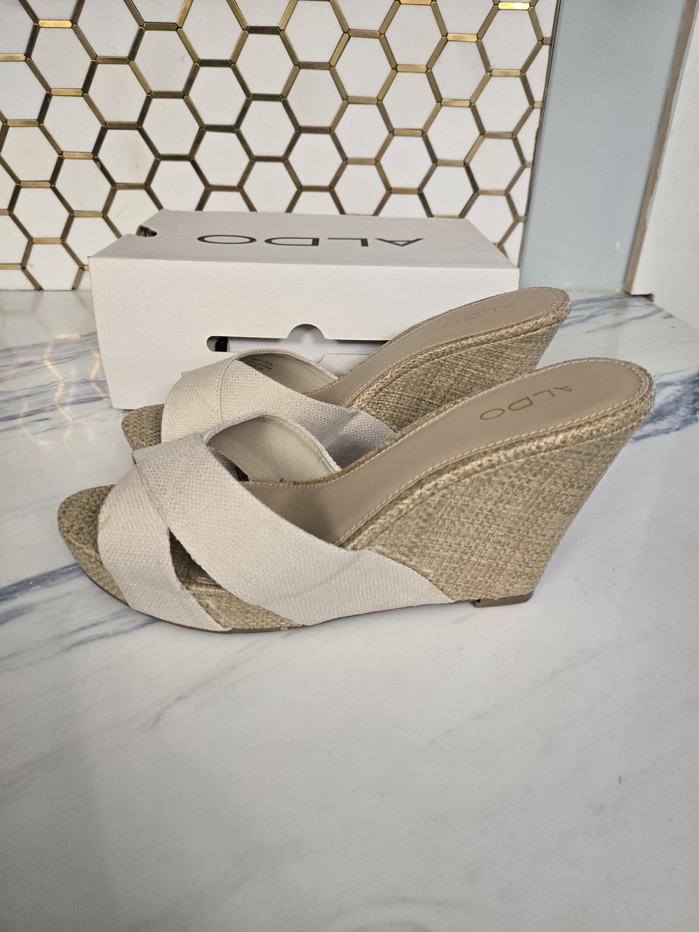 ALDO Women's Cream Woven Espadrille Wedge Sandals